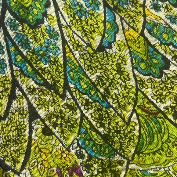 Pheobe Buffay Style Green Peacock Print Top Split Tie Bell Sleeve L Boho Rayon - Picture 4 of 5